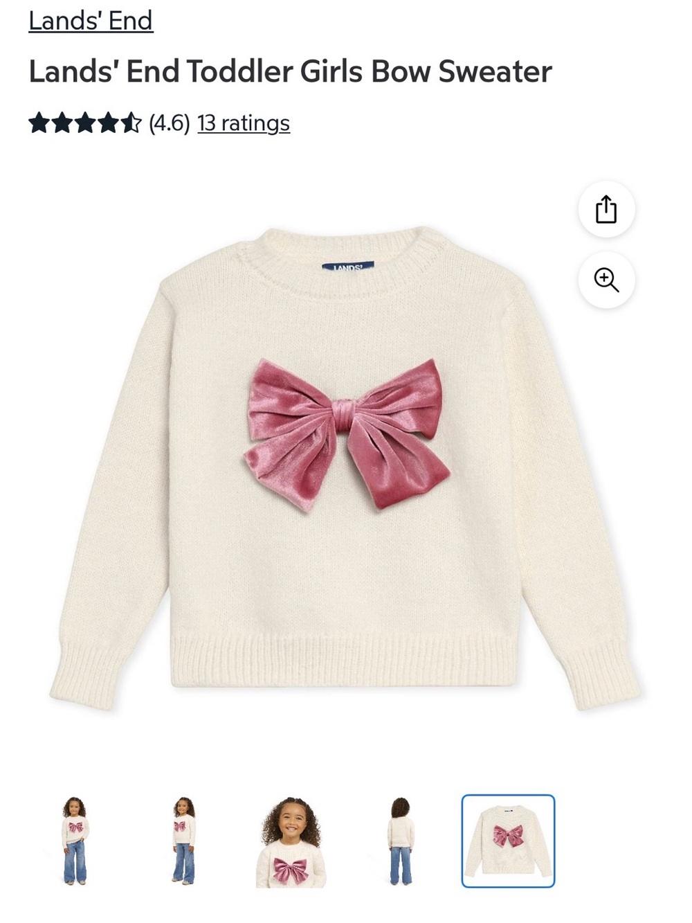 Lands' End Cream Toddler Sweater with Pink Velvet Bow